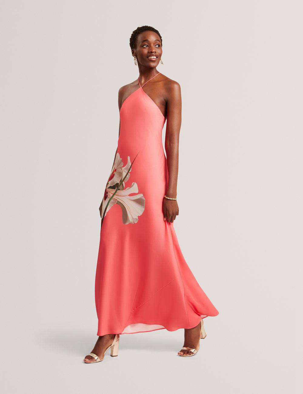 Ted Baker AJIMA - Floral Graphic Halter Neck Satin Women Maxi Dresses Coral | Malaysia  1540-XZIMY