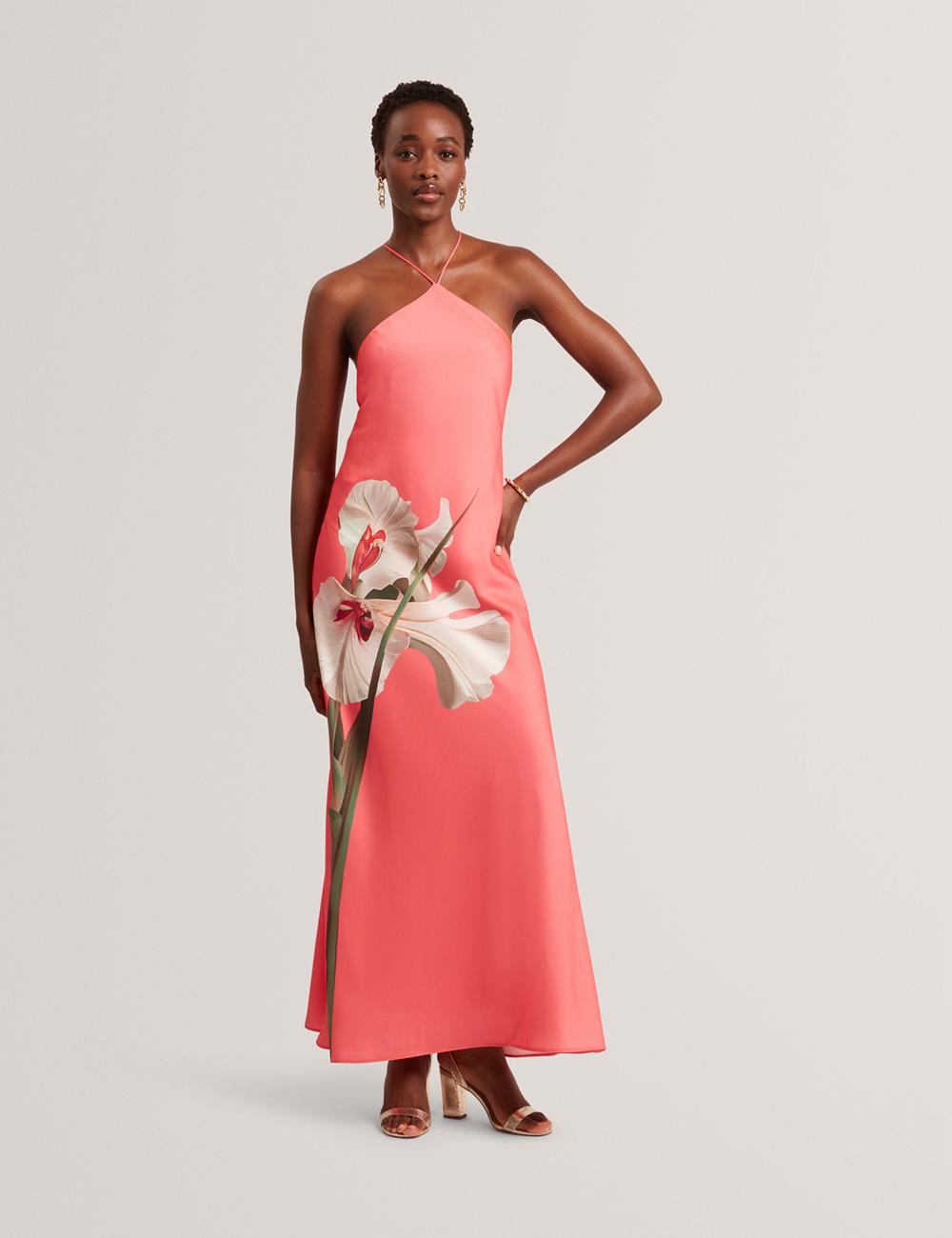 Ted Baker AJIMA - Floral Graphic Halter Neck Satin Women Maxi Dresses Coral | Malaysia  1540-XZIMY