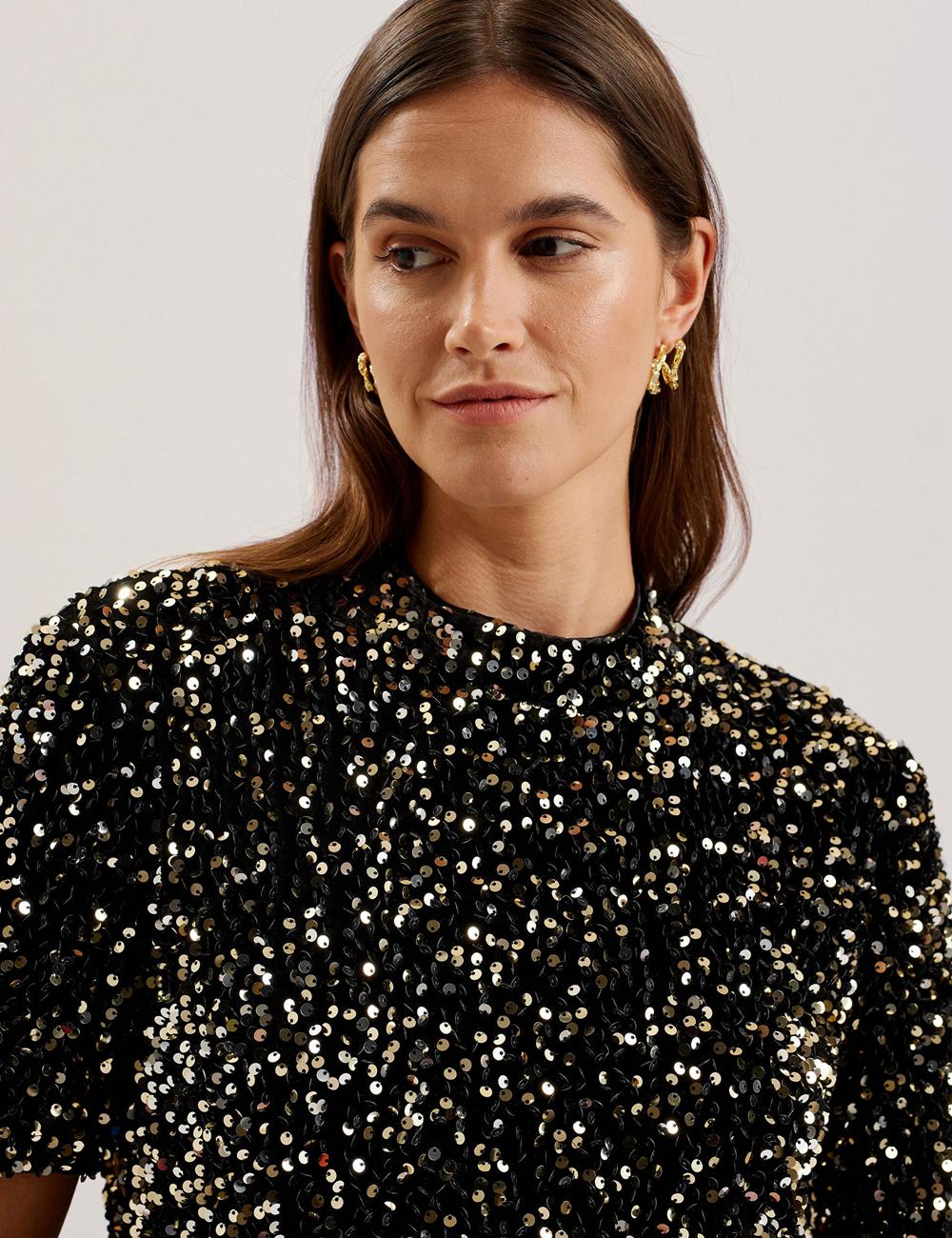 Ted Baker AUDRIYY - Sequin Embellished Velvet Shift Women Mini Dresses Black | Malaysia  3685-NJAVG