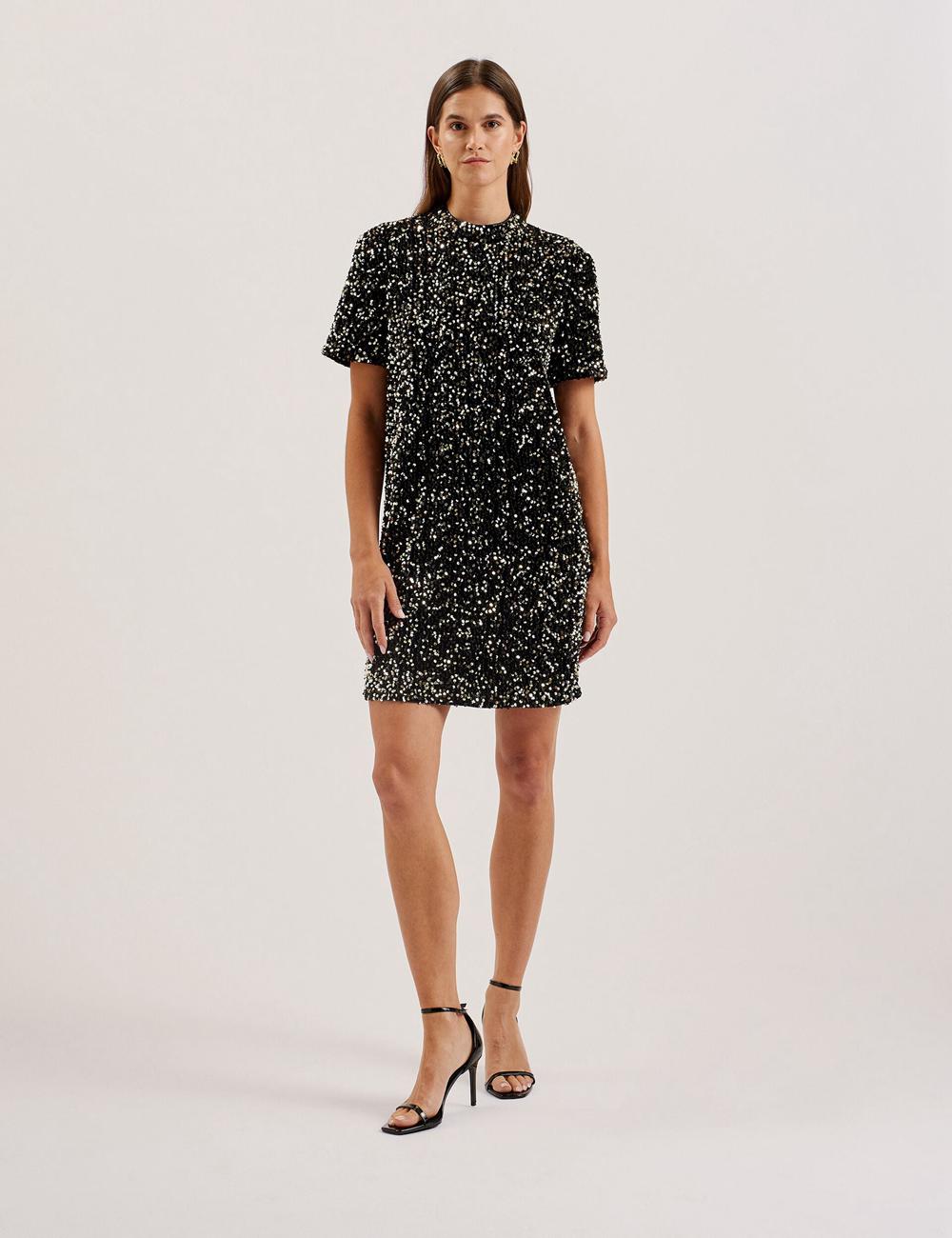 Ted Baker AUDRIYY - Sequin Embellished Velvet Shift Women Mini Dresses Black | Malaysia  3685-NJAVG