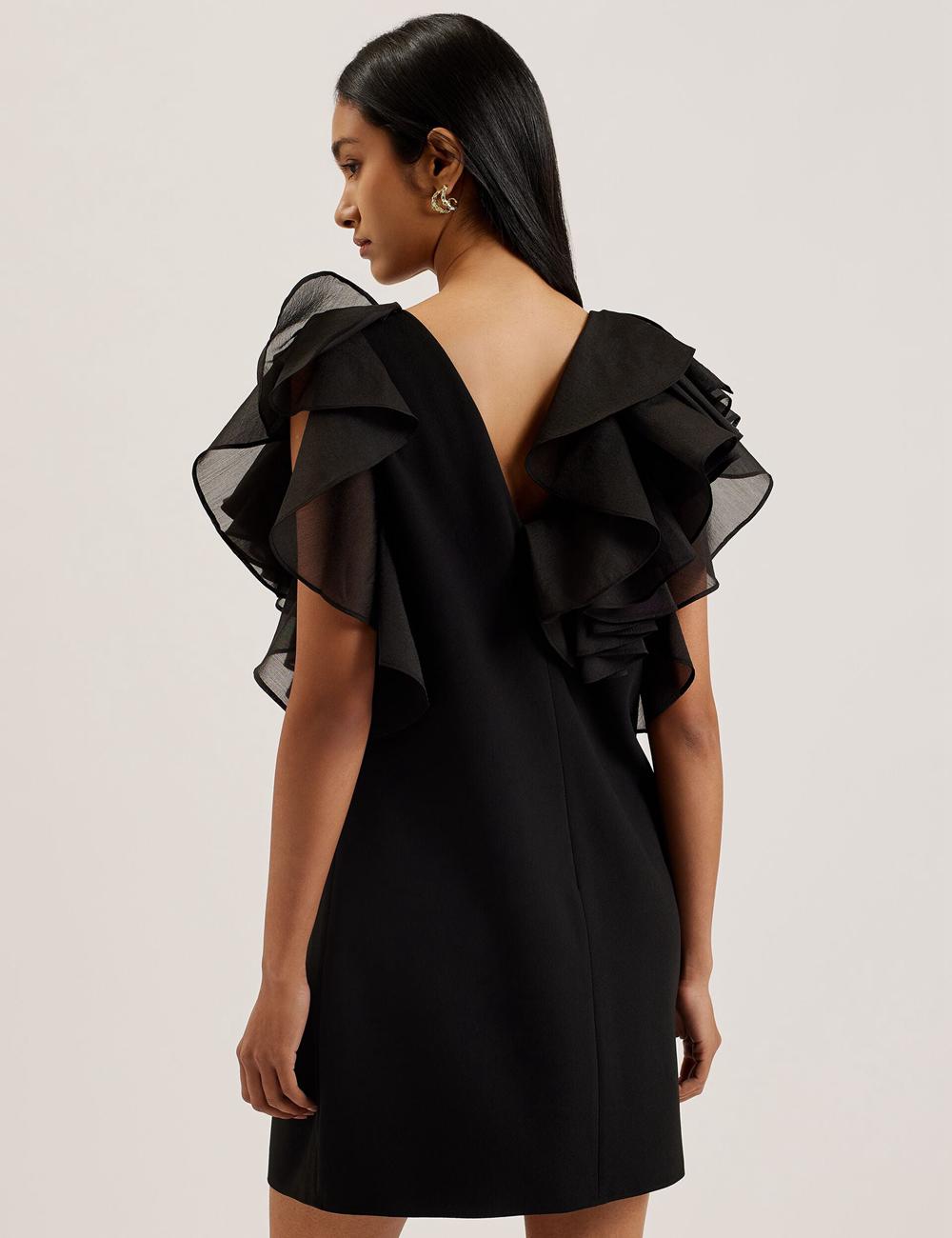 Ted Baker ELQUI - Oversized Ruffle Trim V-Neck Women Mini Dresses Black | Malaysia  9071-RALBE