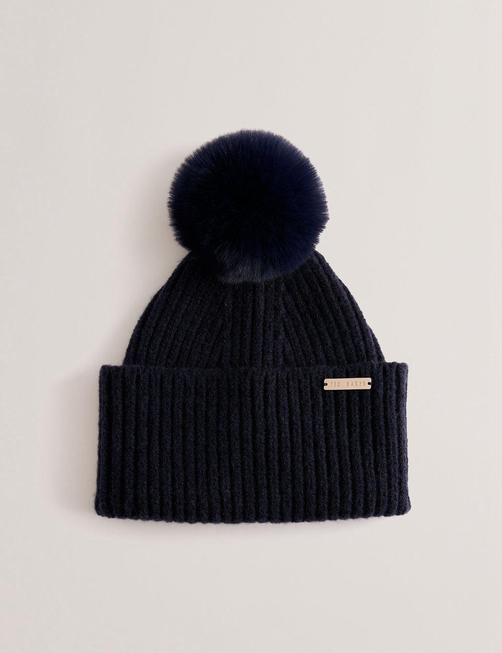 Ted Baker EMILYYA - Ribbed Knit Fluffy Bobble Women Hats Navy | Malaysia  0159-ZFTNW