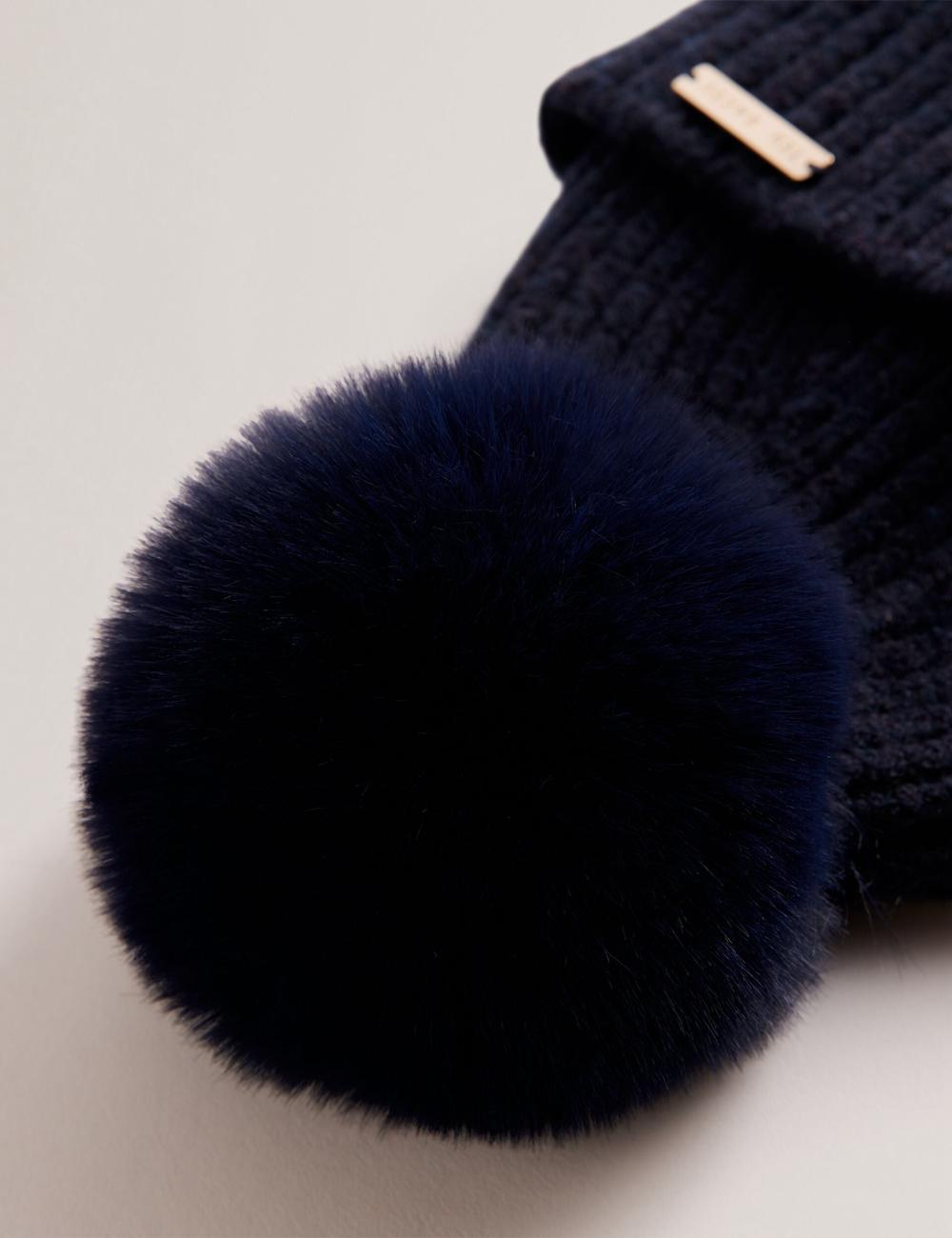 Ted Baker EMILYYA - Ribbed Knit Fluffy Bobble Women Hats Navy | Malaysia  0159-ZFTNW