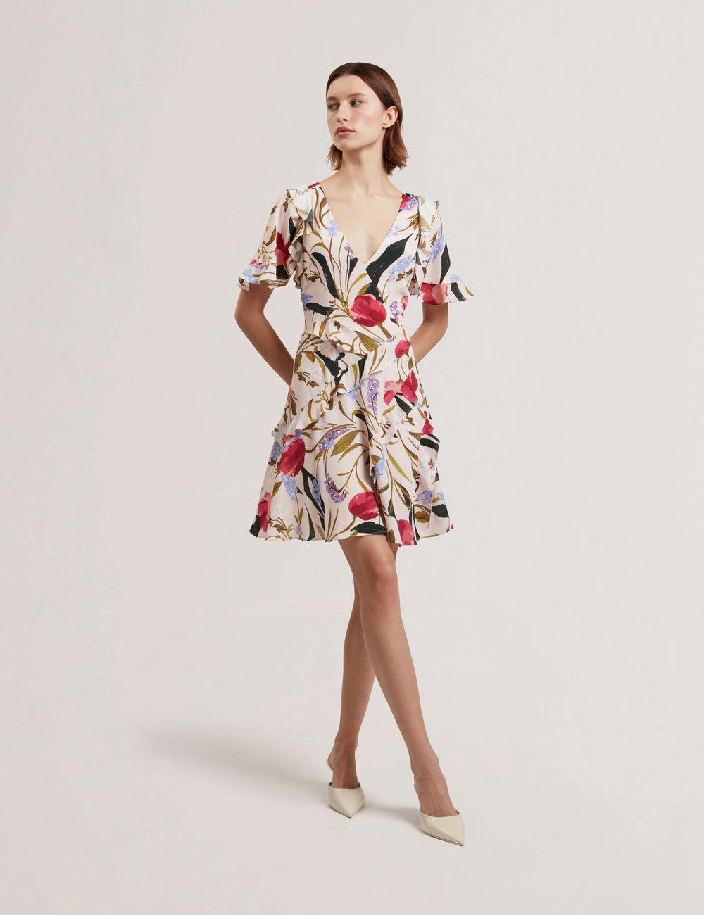 Ted Baker ISSIIA - Frill Trim Floral Short Sleeve Women Mini Dresses Pink | Malaysia  8236-SYDFR