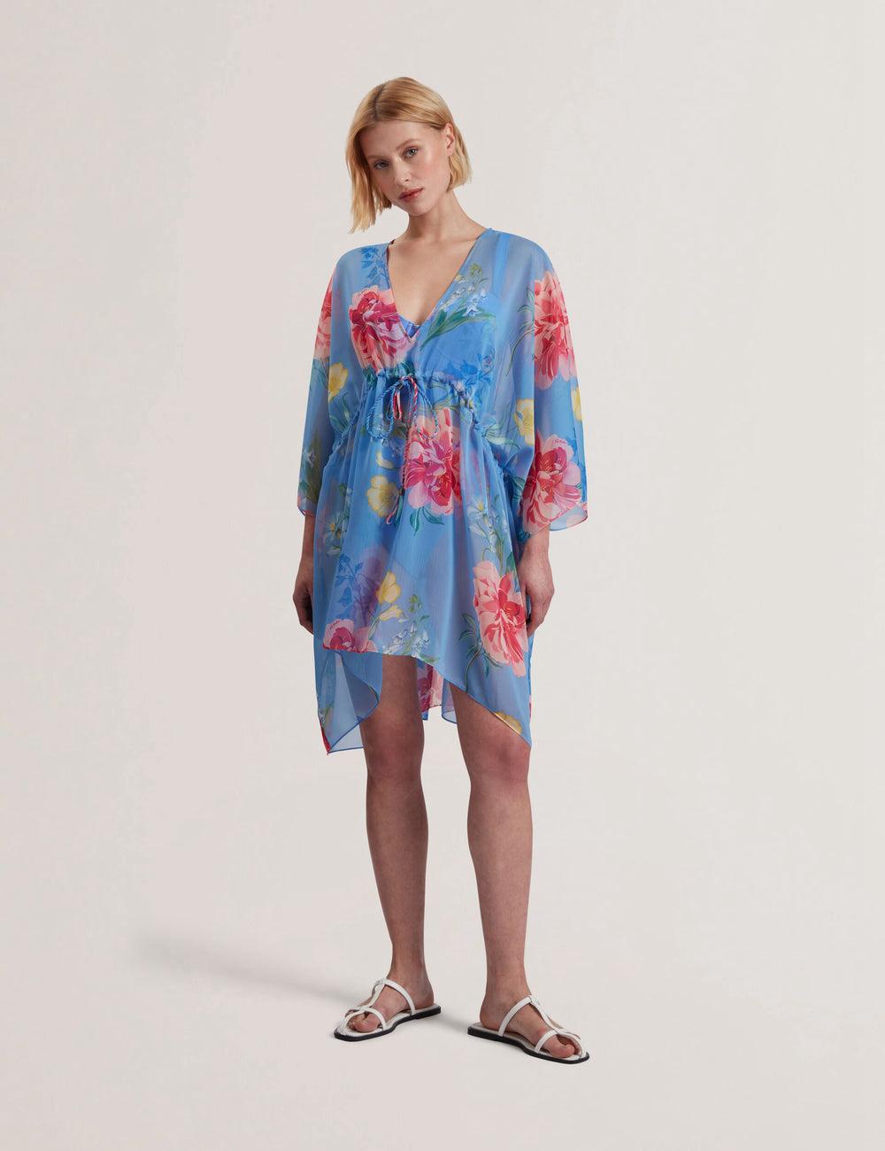 Ted Baker LARJA - Floral Print Chiffon Mini Beach Kaftan Women Cover Ups Blue | Malaysia  3704-BLDIA