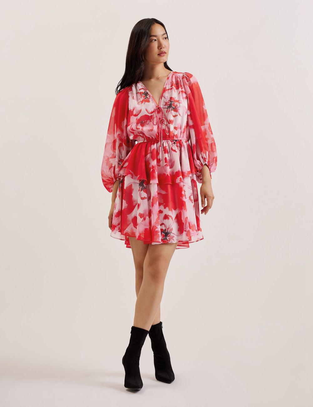 Ted Baker LEYNA - Floral Chiffon Front Women Mini Dresses Red | Malaysia  0724-TBILZ