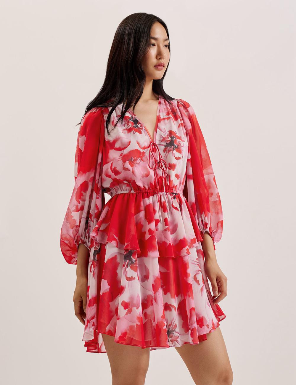 Ted Baker LEYNA - Floral Chiffon Front Women Mini Dresses Red | Malaysia  0724-TBILZ