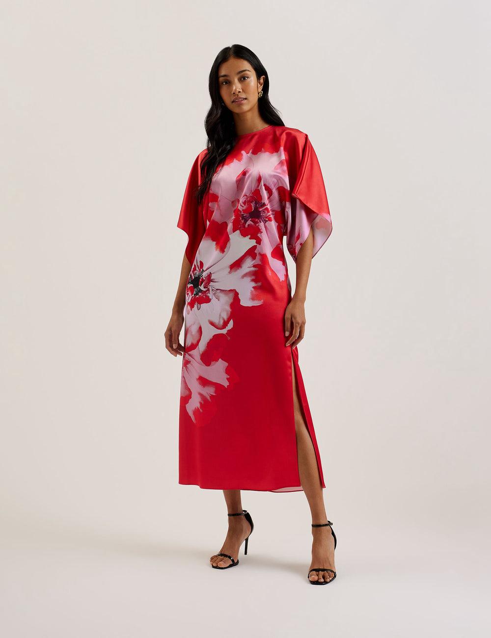 Ted Baker NASINU - Printed Satin Batwing Sleeve Women Midi Dresses Red | Malaysia  2180-IVYKN