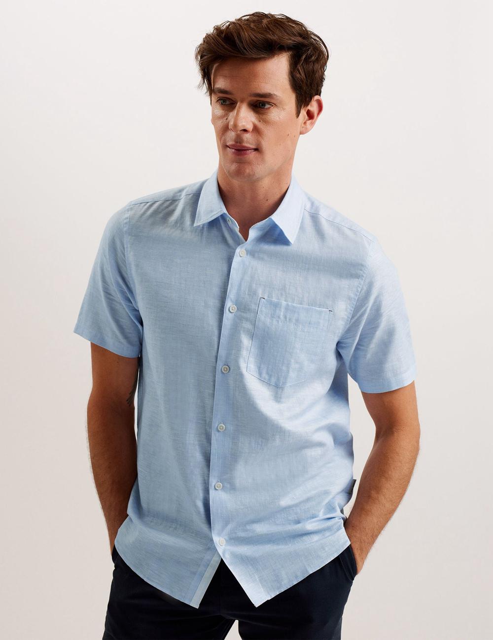 Ted Baker PALOMAS - Short Sleeve Textured Linen Cotton Men Casual Shirts Mid-Blue | Malaysia  4821-WSBGH