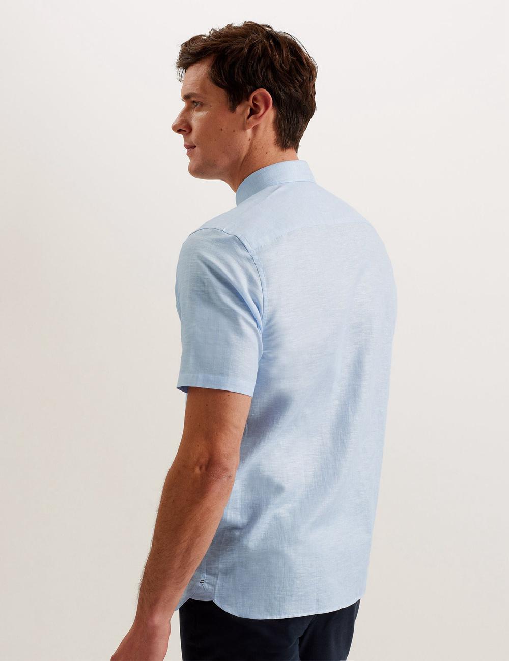 Ted Baker PALOMAS - Short Sleeve Textured Linen Cotton Men Casual Shirts Mid-Blue | Malaysia  4821-WSBGH