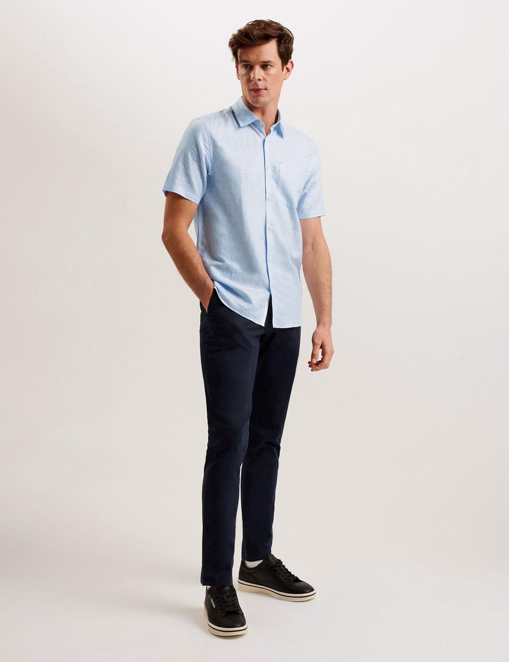 Ted Baker PALOMAS - Short Sleeve Textured Linen Cotton Men Casual Shirts Mid-Blue | Malaysia  4821-WSBGH
