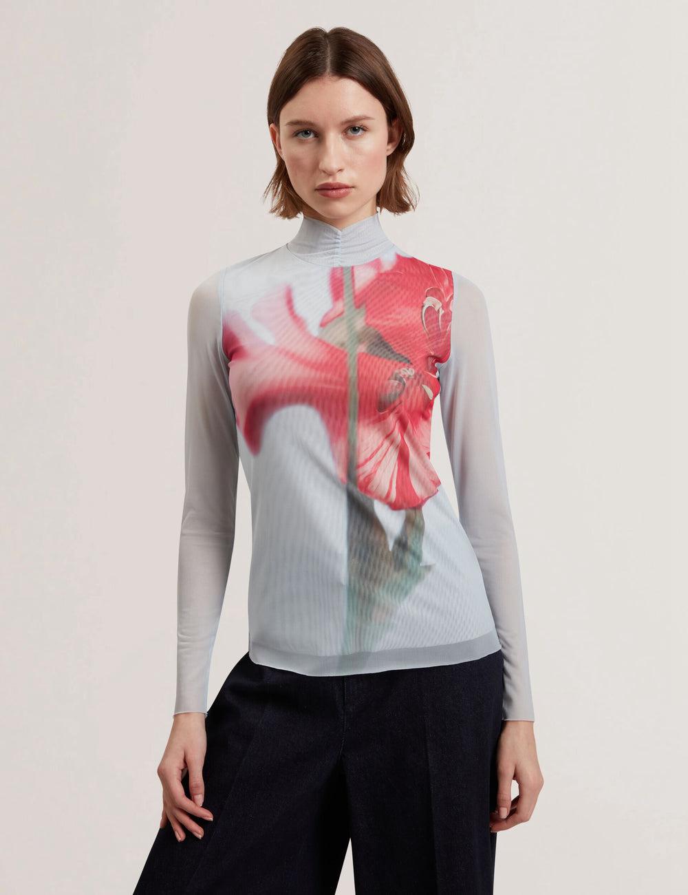 Ted Baker PIPYA - Floral High Neck Long Sleeve Mesh Women Tops Blue | Malaysia  9874-FZLGR