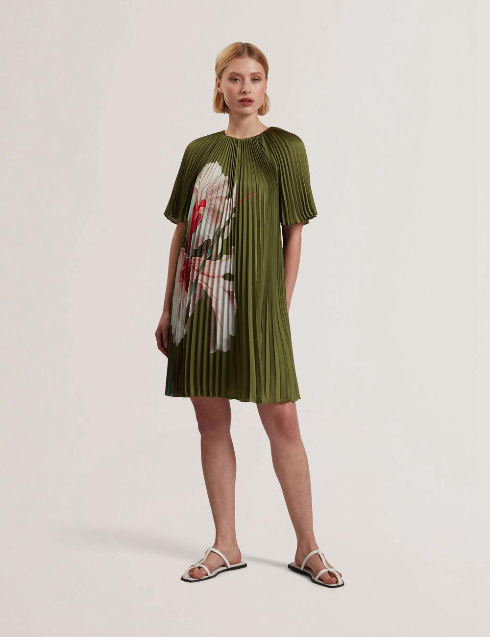 Ted Baker VINLAA - Floral Graphic Pleated Satin Women Mini Dresses Green | Malaysia  0149-KGHAL