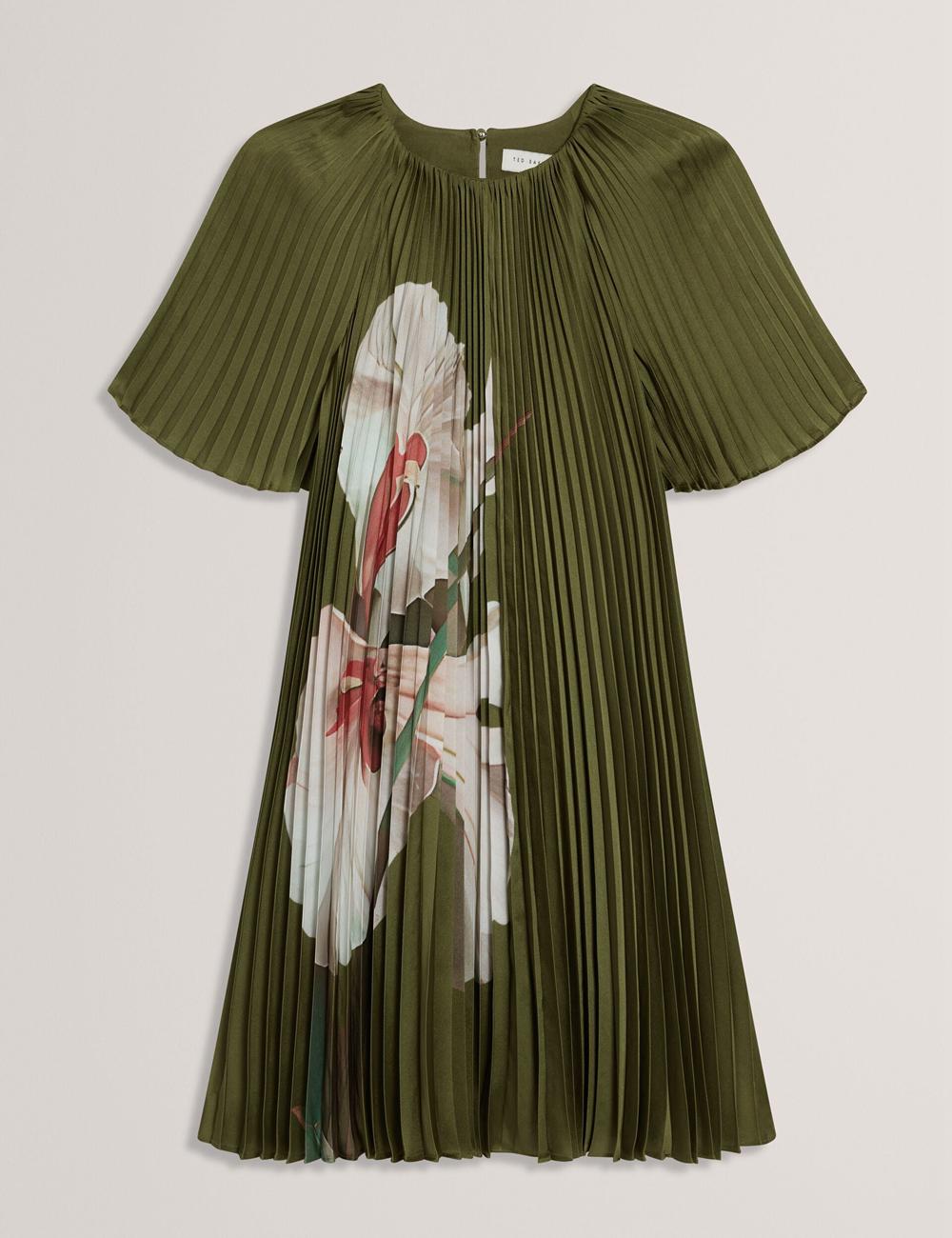 Ted Baker VINLAA - Floral Graphic Pleated Satin Women Mini Dresses Green | Malaysia  0149-KGHAL