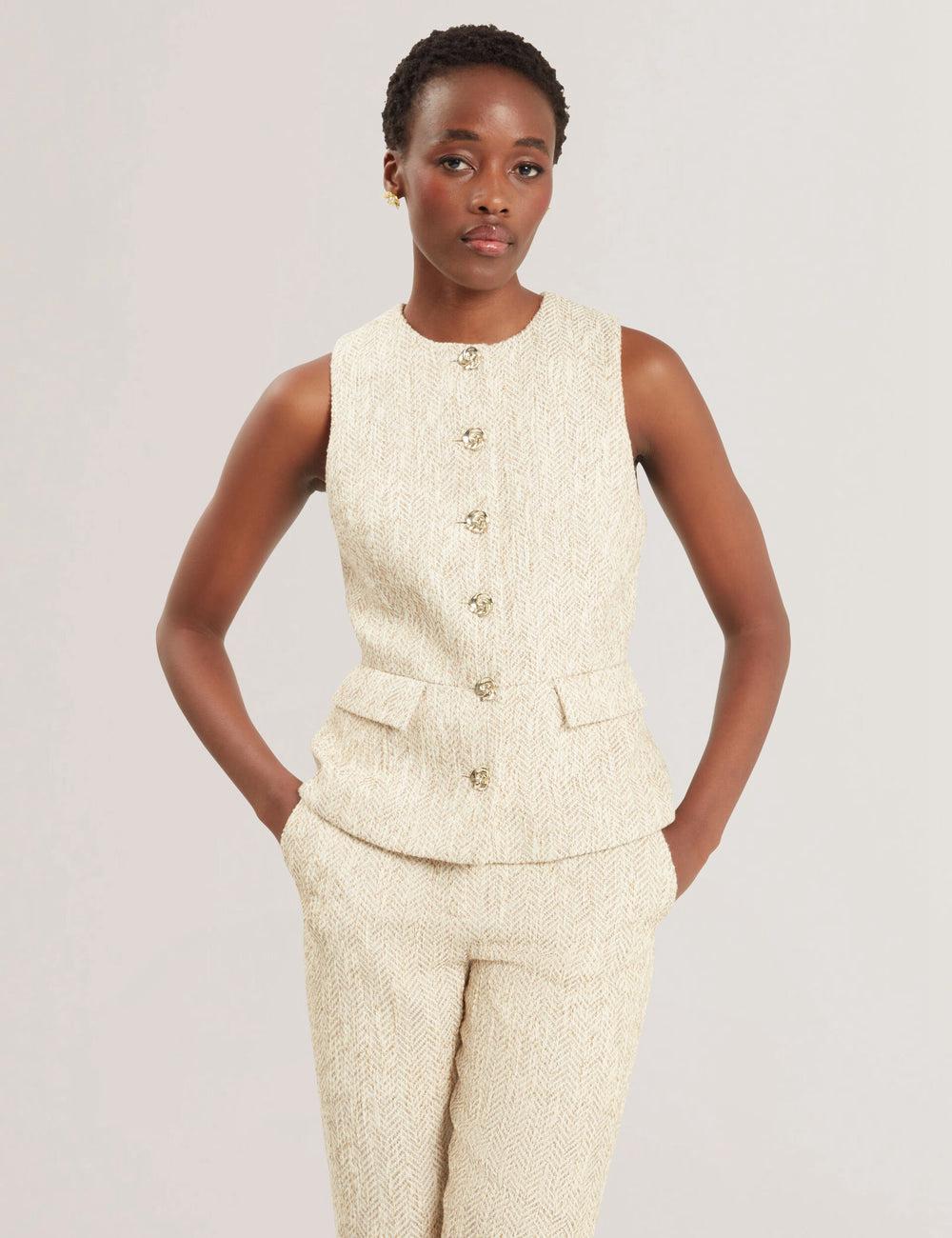 Ted Baker VULPAW - Boucle Herringbone Fitted Women Suit Waistcoat Ivory | Malaysia  7158-ONRVF